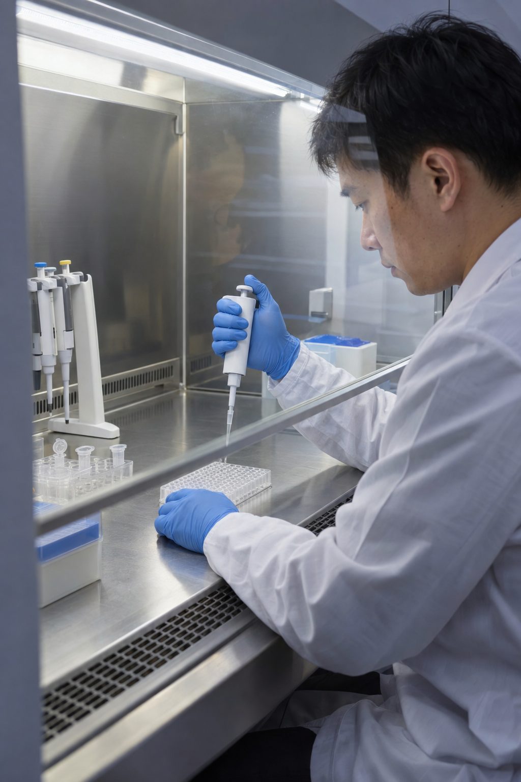 研究人员在生物安全柜前用移液器处理样品